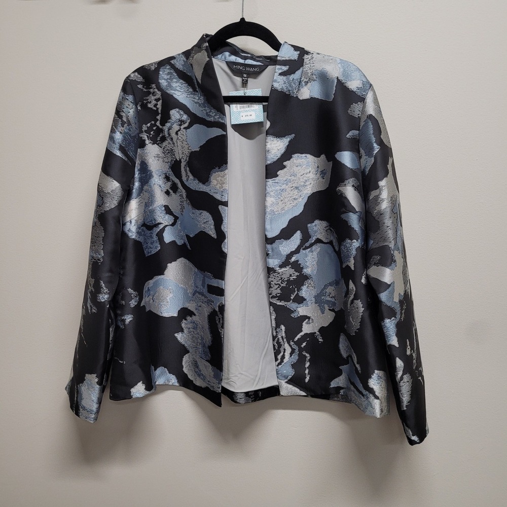 Ming Wang Womens 0X Blue Silver Black Abstract Jacquard Open Front Jacket